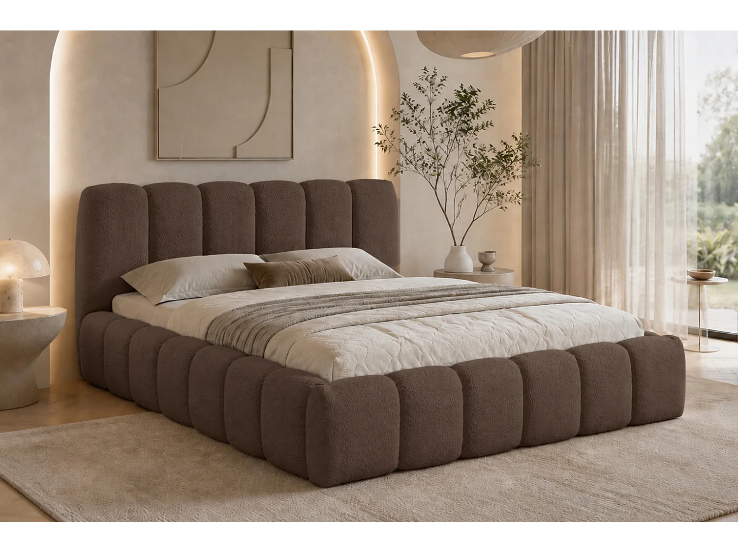 Lit rembourré avec coffre de rangement, tissu chenille Catch Me, marron, 180x200 cm, MICANDI