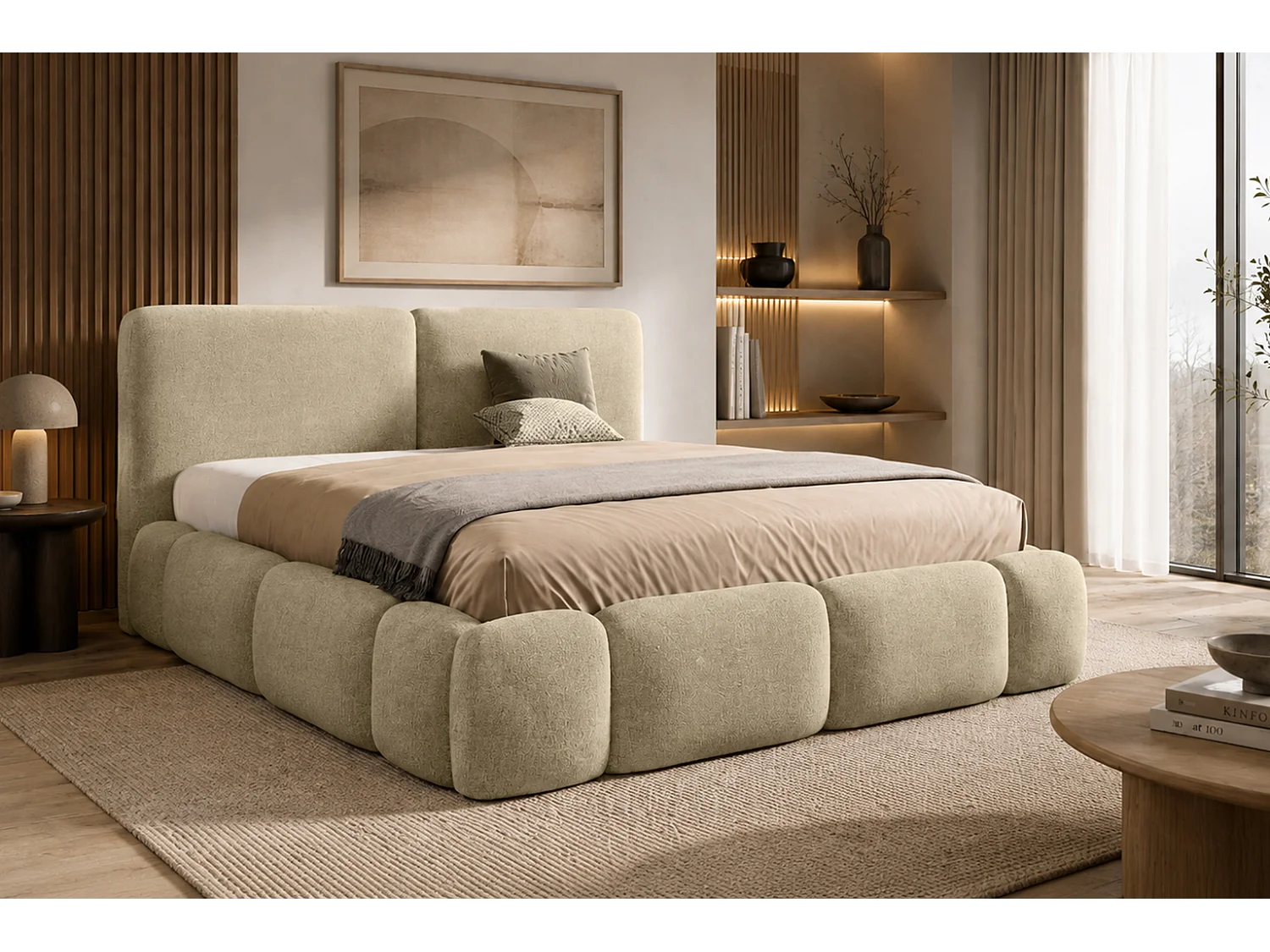 Polsterbett mit bettkasten, Stoff Doha, Beige, 180x200 cm, ABIK