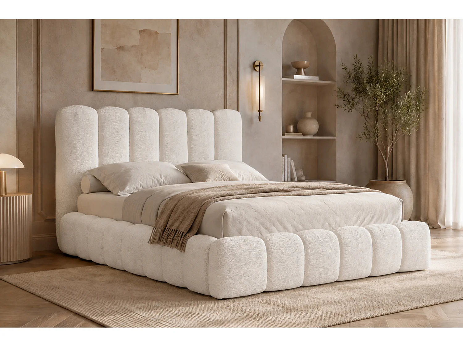 Lit rembourré avec coffre de rangement, tissu chenille Catch Me, crème, 120x200 cm, CANDE