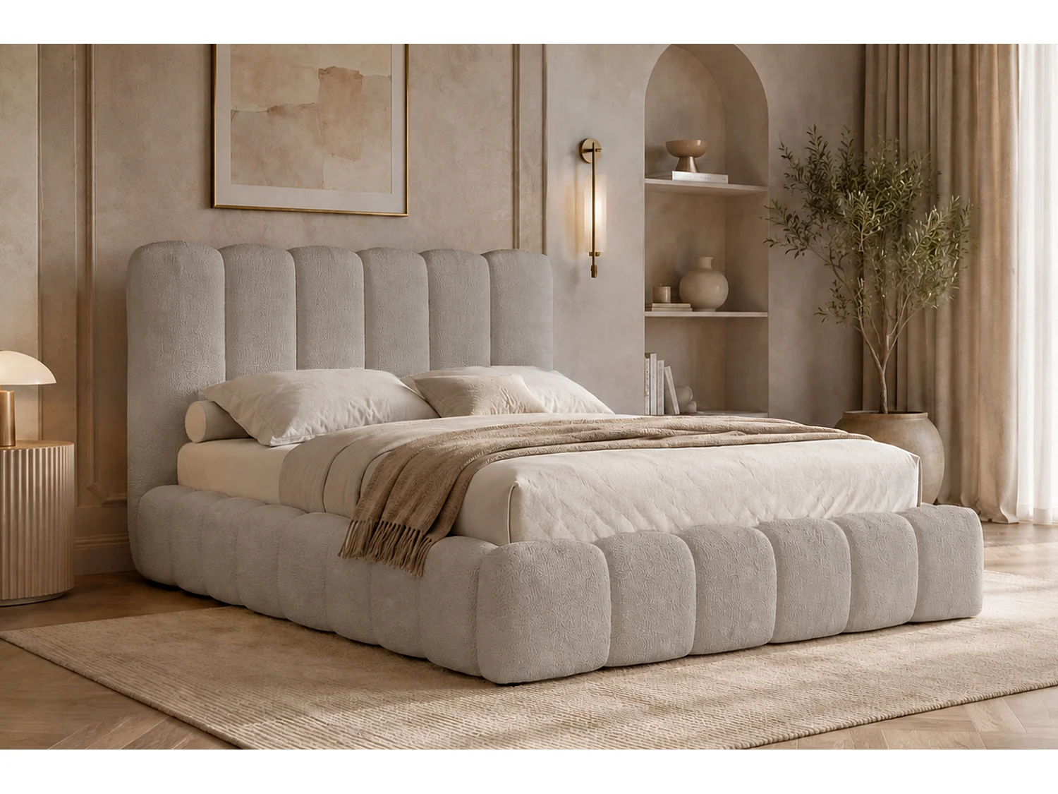Lit rembourré avec coffre de rangement, tissu chenille Catch Me, beige, 160x200 cm, CANDE