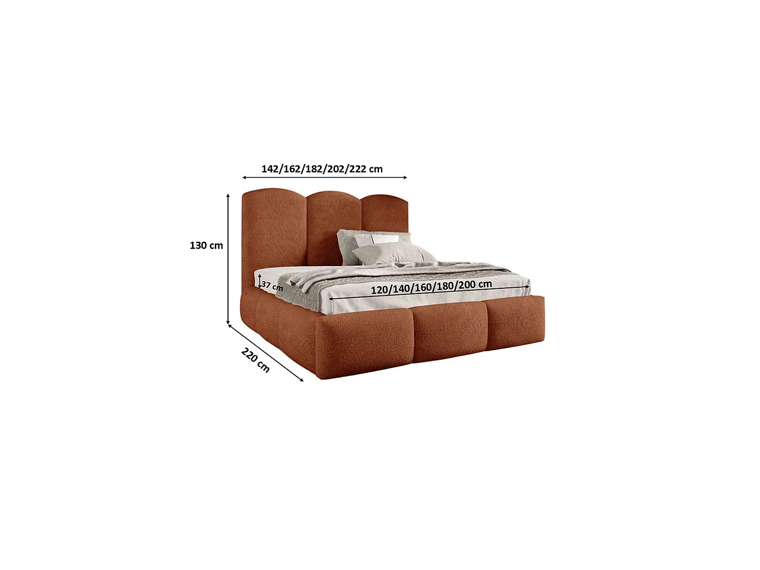 Lit rembourré avec coffre de rangement, tissu bouclé Baloo, cuivre, 160x200 cm, BERO