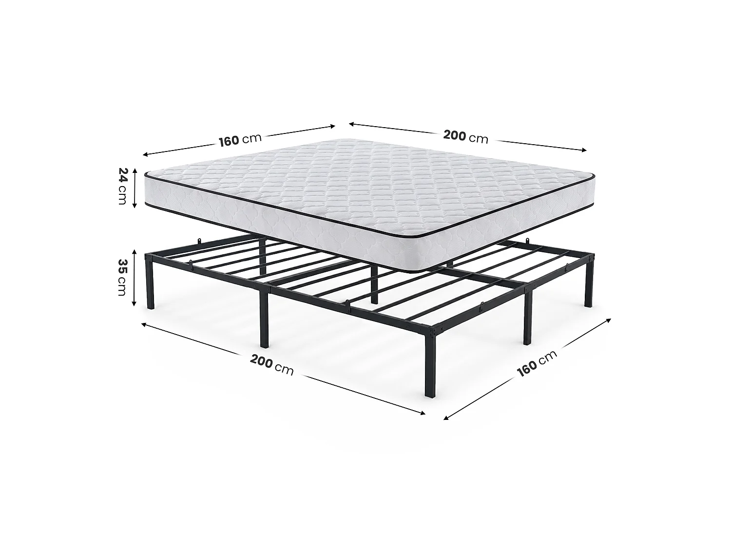 Klapbaar metalen bedframe met matras 160x200 cm Zwart Logeerbed Lattenbodem 9 poten 20 latten