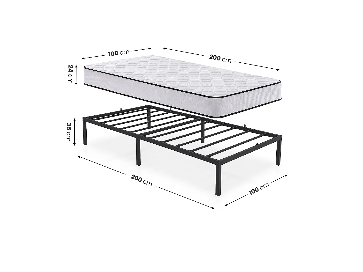 Klapbaar metalen bedframe met matras 100x200 cm Zwart Logeerbed Lattenbodem 6 poten 10 latten