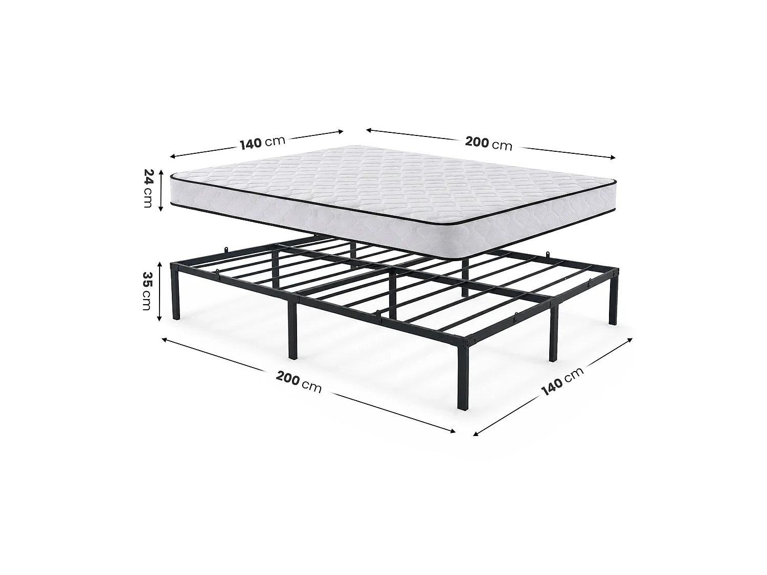 Klapbaar metalen bedframe met matras 140x200 cm Zwart Logeerbed Lattenbodem 9 poten 20 latten
