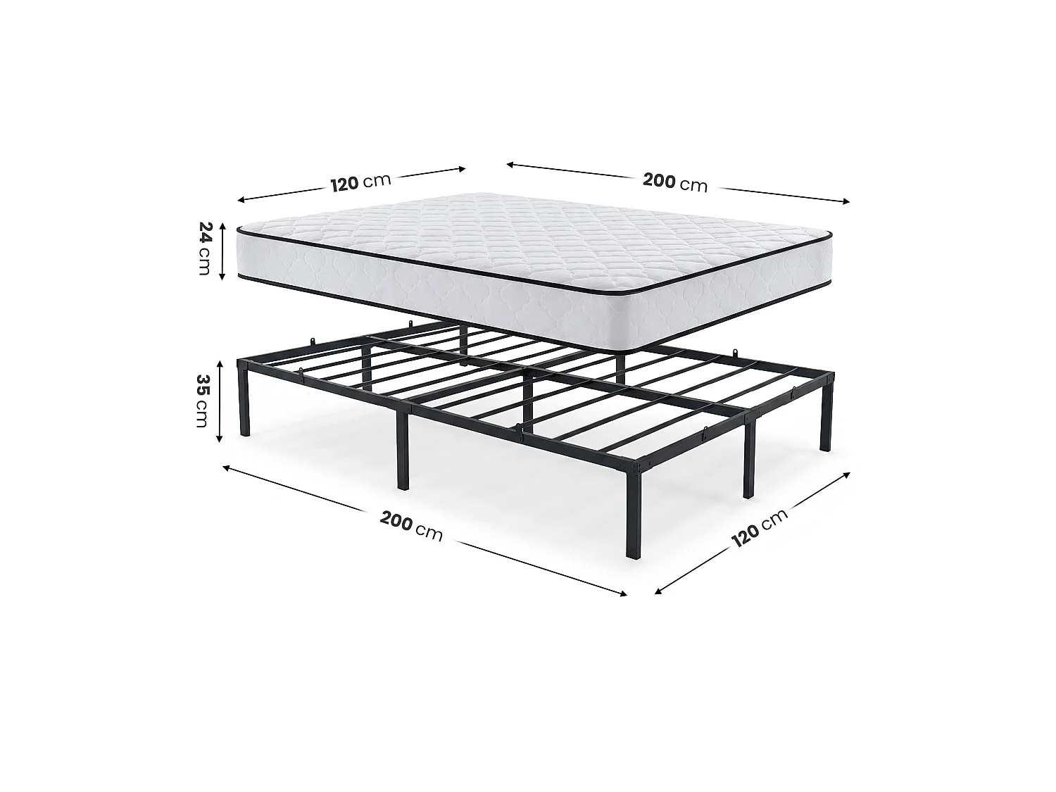 Klapbaar metalen bedframe met matras 120x200 cm Zwart Logeerbed Lattenbodem 9 poten 20 latten