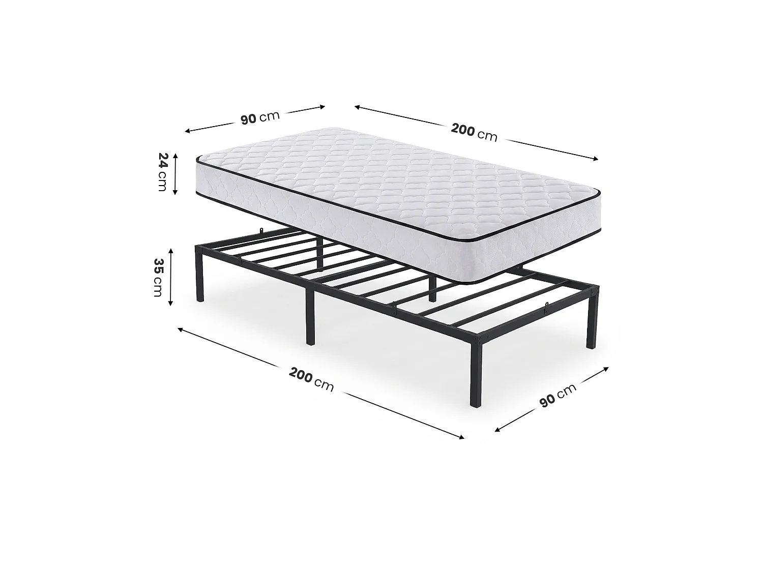 Klapbaar metalen bedframe met matras 90x200 cm Zwart Logeerbed Lattenbodem 6 poten 10 latten