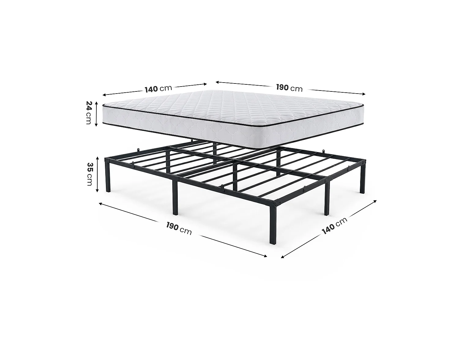 Klapbaar metalen bedframe met matras 140x190 cm Zwart Logeerbed Lattenbodem 9 poten 20 latten