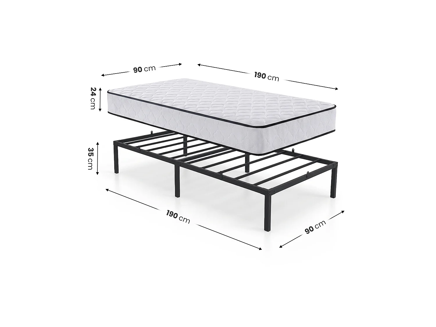 Klapbaar metalen bedframe met matras 90x190 cm Zwart Logeerbed Lattenbodem 6 poten 10 latten