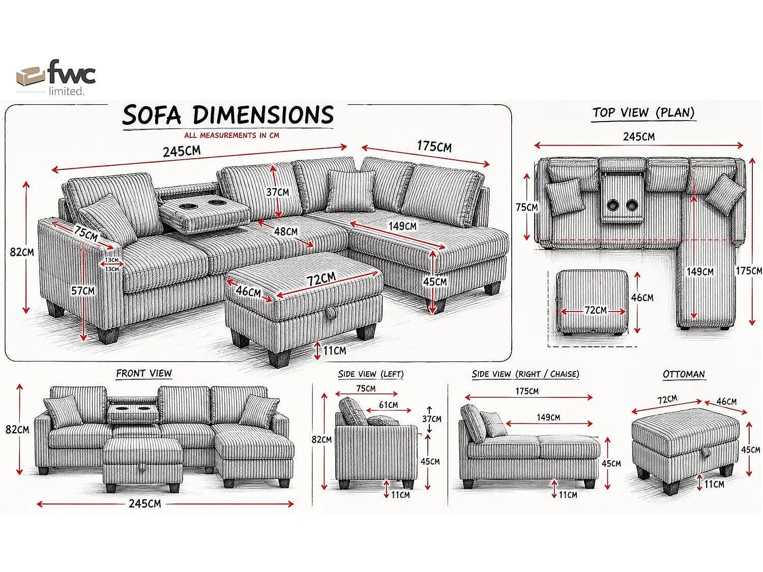 Vienna LHF Corner Sofa with Ottoman & Drop Down Table