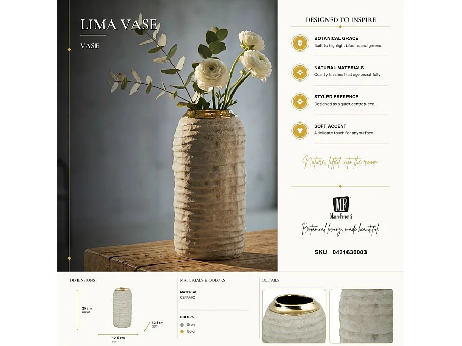 Vase Design en Céramique "Lima" 25cm Gris