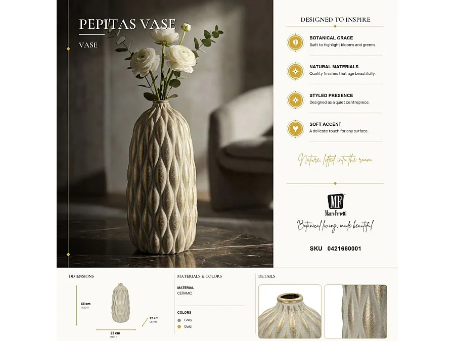 Vase Déco en Céramique "Pepitas" 44cm Gris & Or