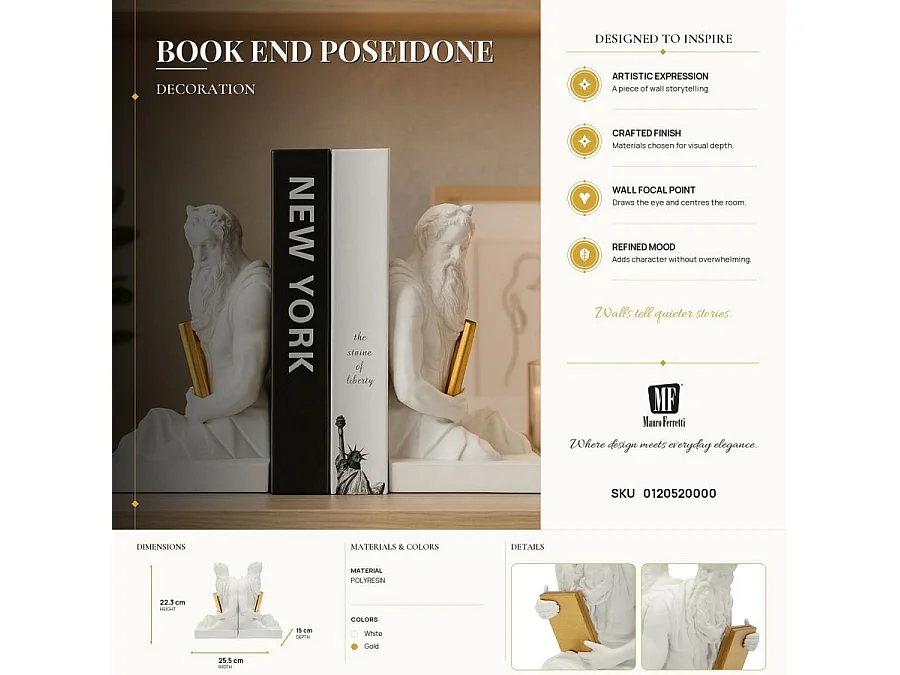 Lot de 2 Serre-Livres Déco "Poséidon" 25cm Blanc