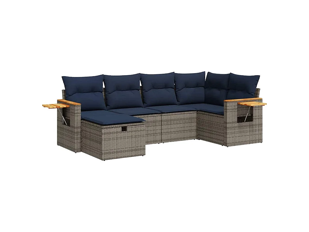Set de muebles de jardín 6 piezas y cojines ratán sintético gris