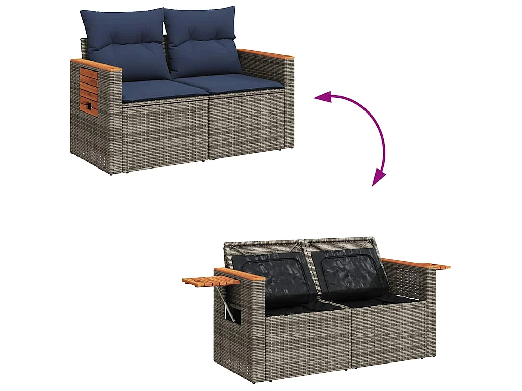 Set de muebles de jardín 6 piezas y cojines ratán sintético gris