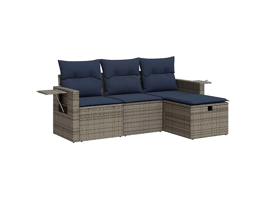 Set de sofás de jardín 4 piezas y cojines ratán sintético gris