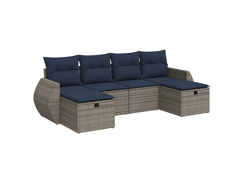 Set de muebles de jardín 6 piezas y cojines ratán sintético gris