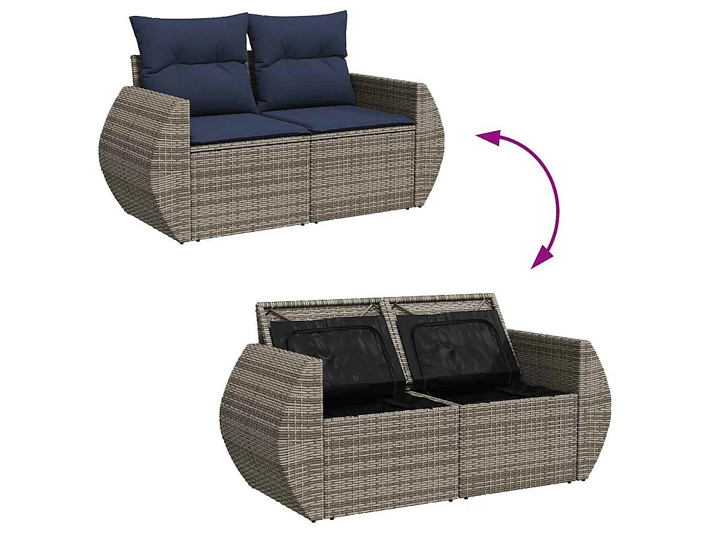 Set de muebles de jardín 6 piezas y cojines ratán sintético gris