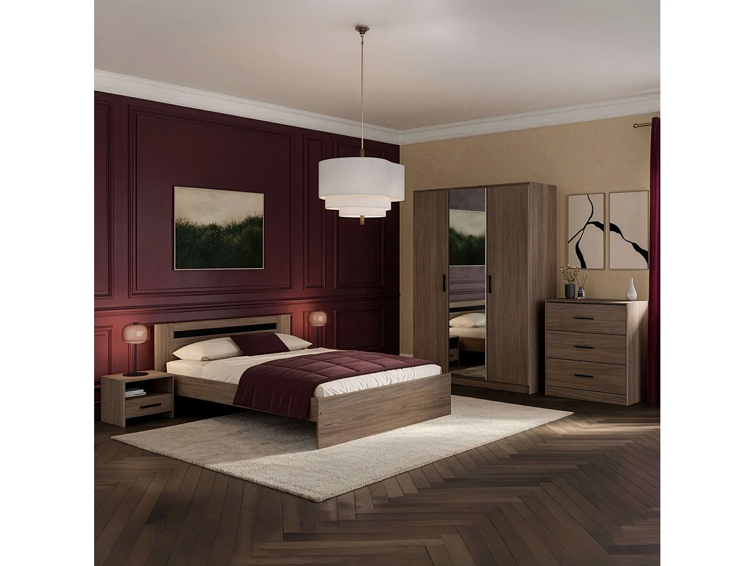 Cama Oshira 135x190 cm, Carvalho Tostado e Pontilhado Preto