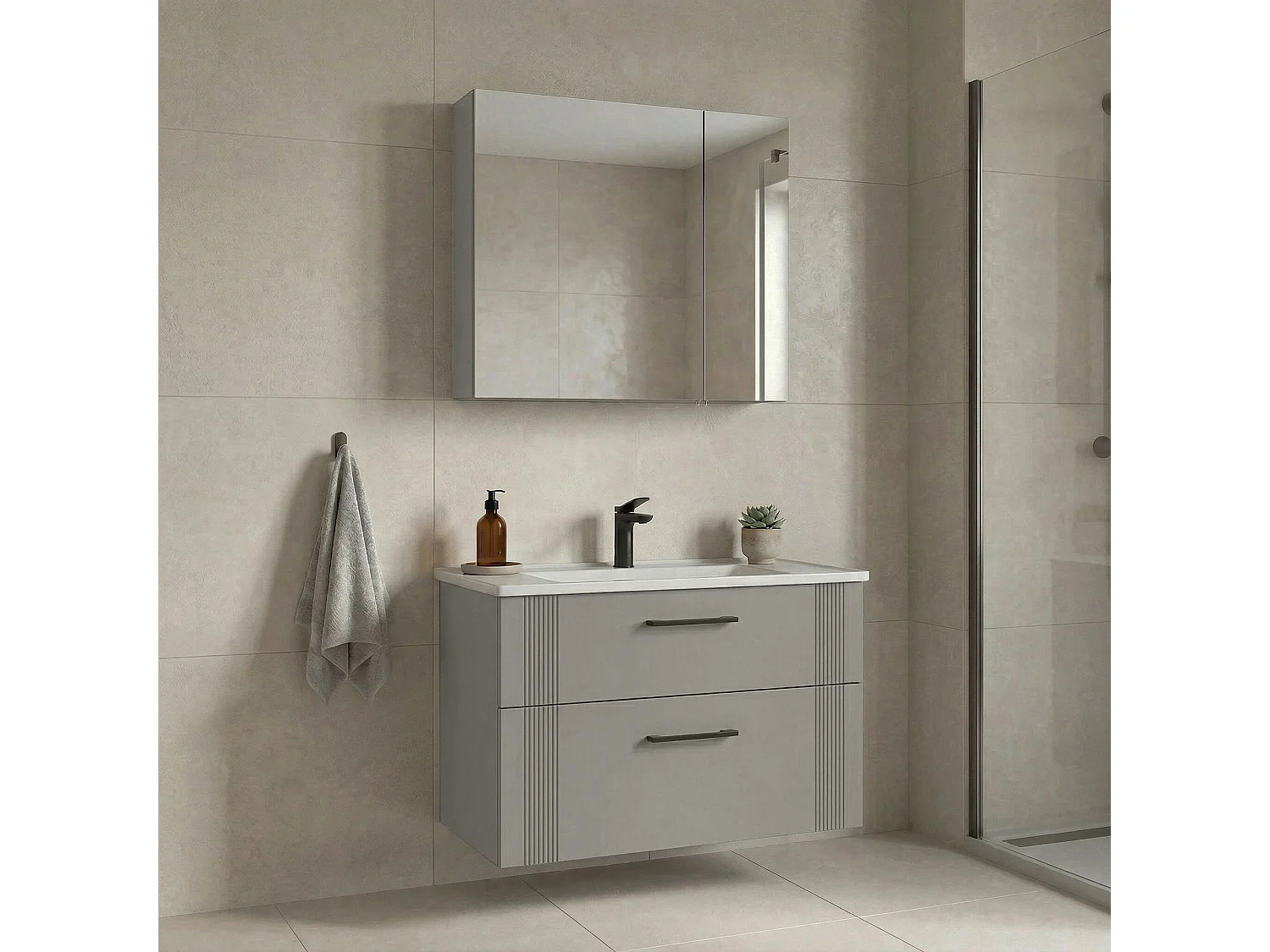 Ensemble Meuble Vasque avec Miroir (2 Pièces) "Bari 85 v2" - 85 x 45 x 55 cm - Matte Cashmere