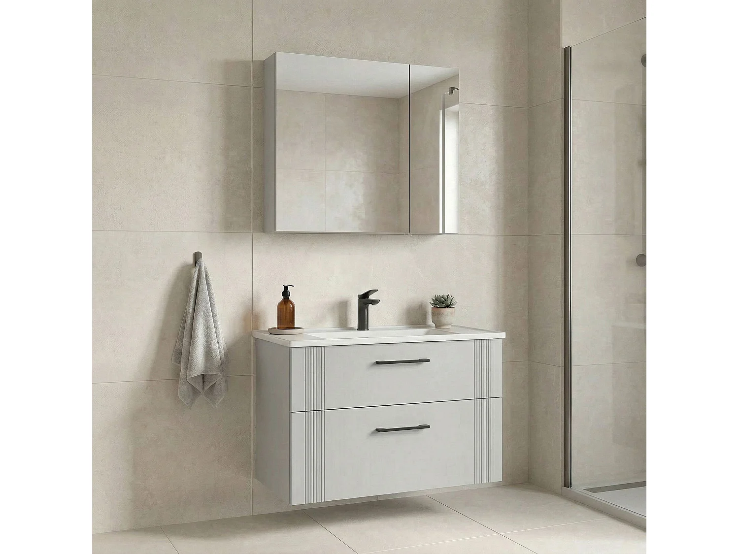 Ensemble Meuble Vasque avec Miroir (2 Pièces) "Bari 85 v2" - 85 x 45 x 55 cm - Matte White