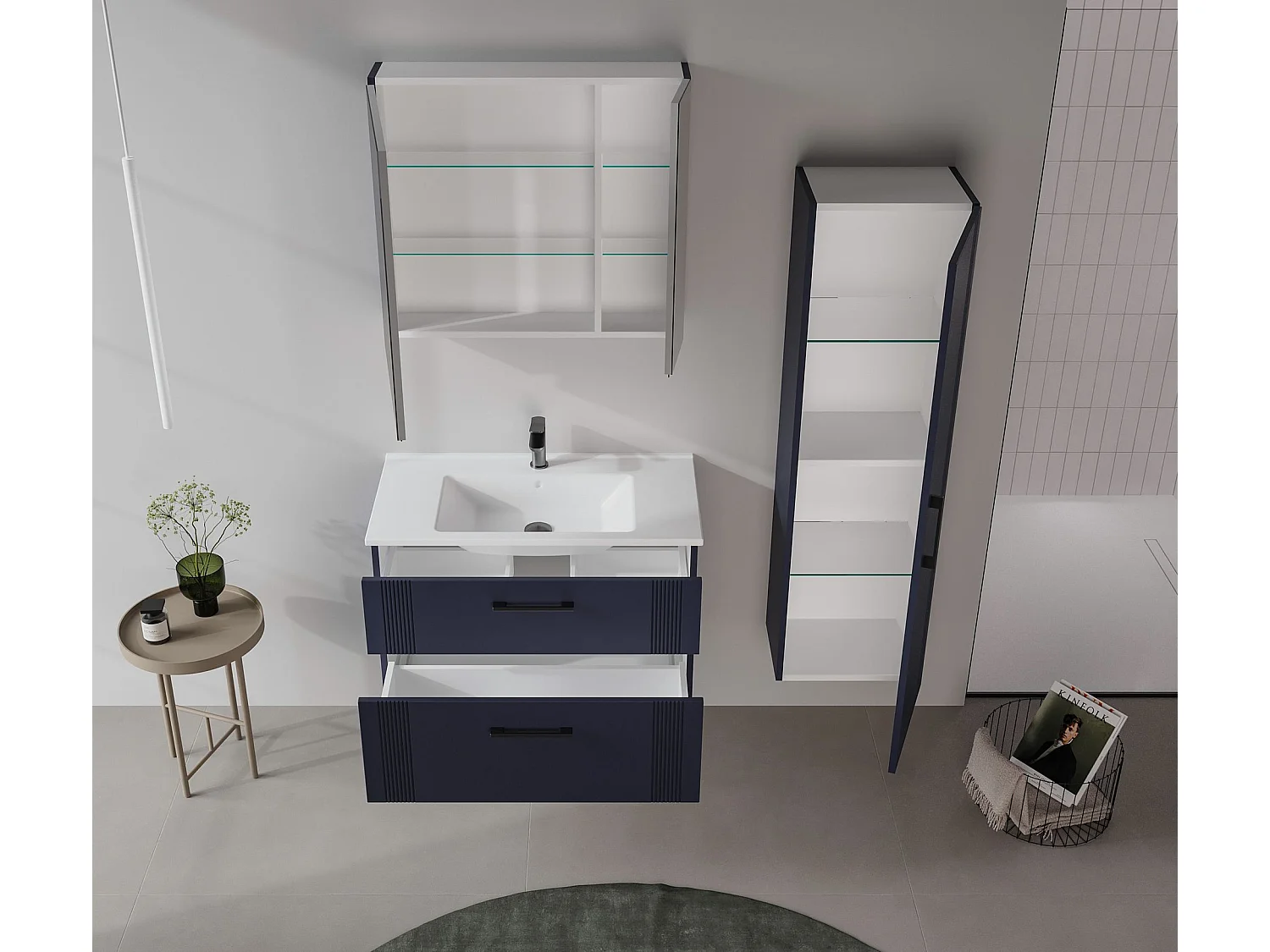 Ensemble Meuble Vasque avec Miroir (2 Pièces) "Bari 85 v2" - 85 x 45 x 55 cm - Matte Navy Blue