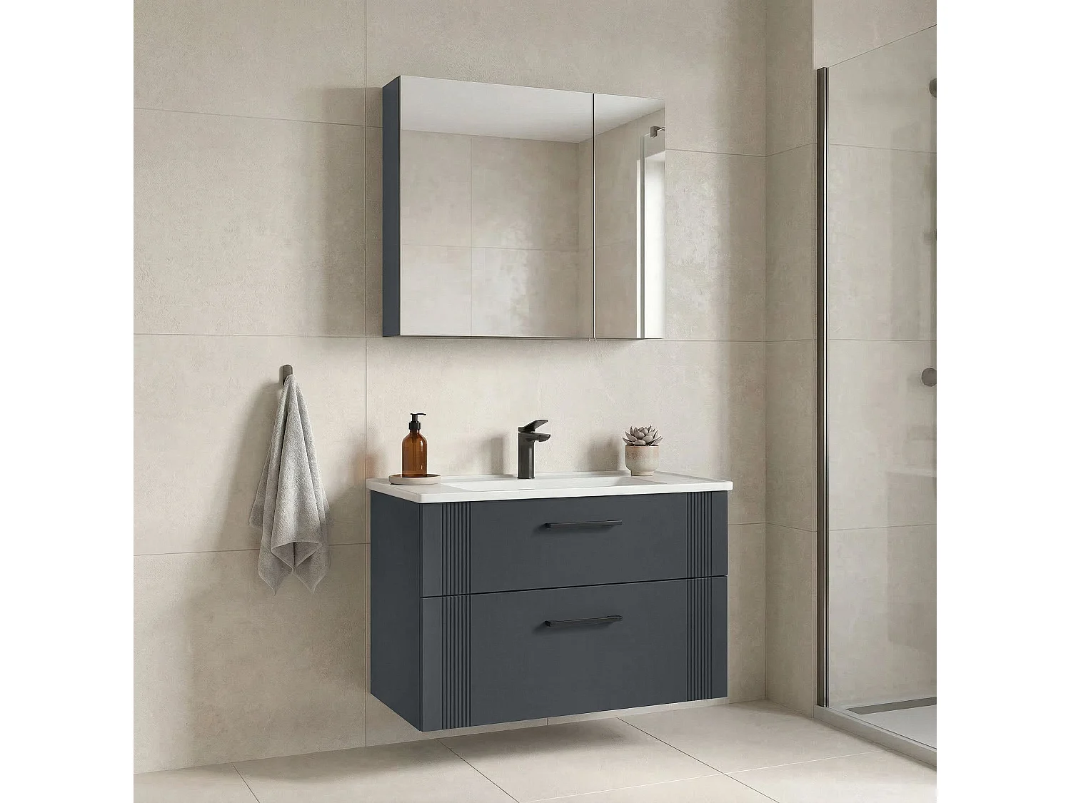 Ensemble Meuble Vasque avec Miroir (2 Pièces) "Bari 85 v2" - 85 x 45 x 55 cm - Matte Anthracite