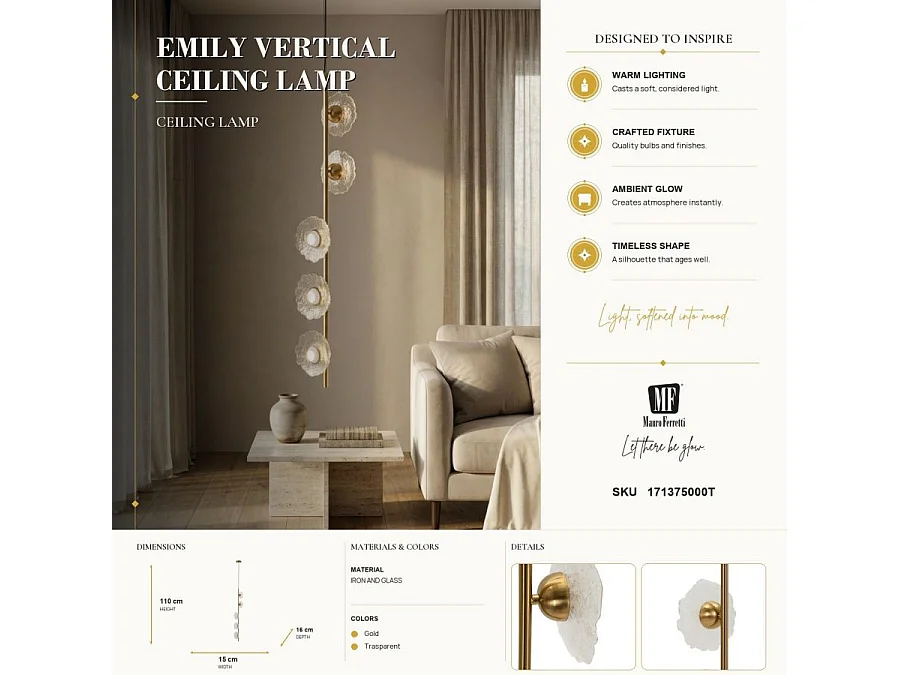 Suspension Verticale Design "Emily" 110cm Or & Transparent