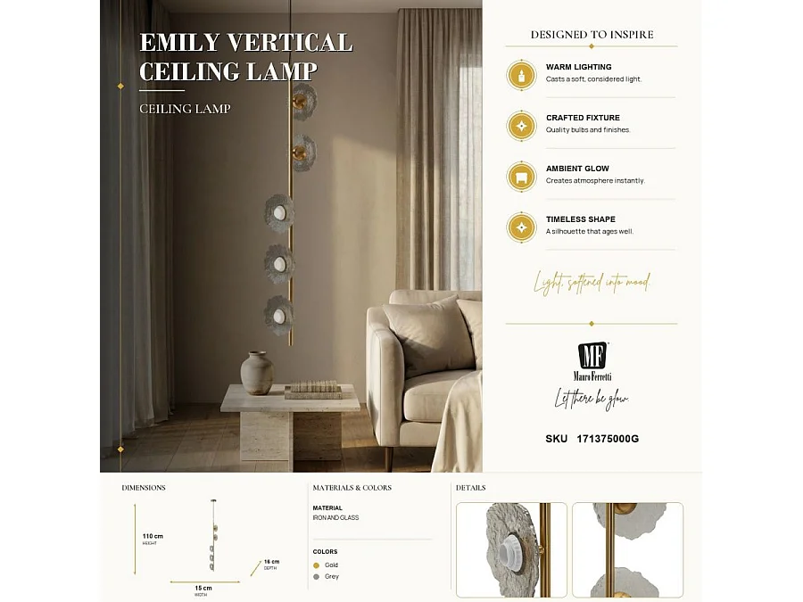 Suspension Verticale Design "Emily" 110cm Or & Gris