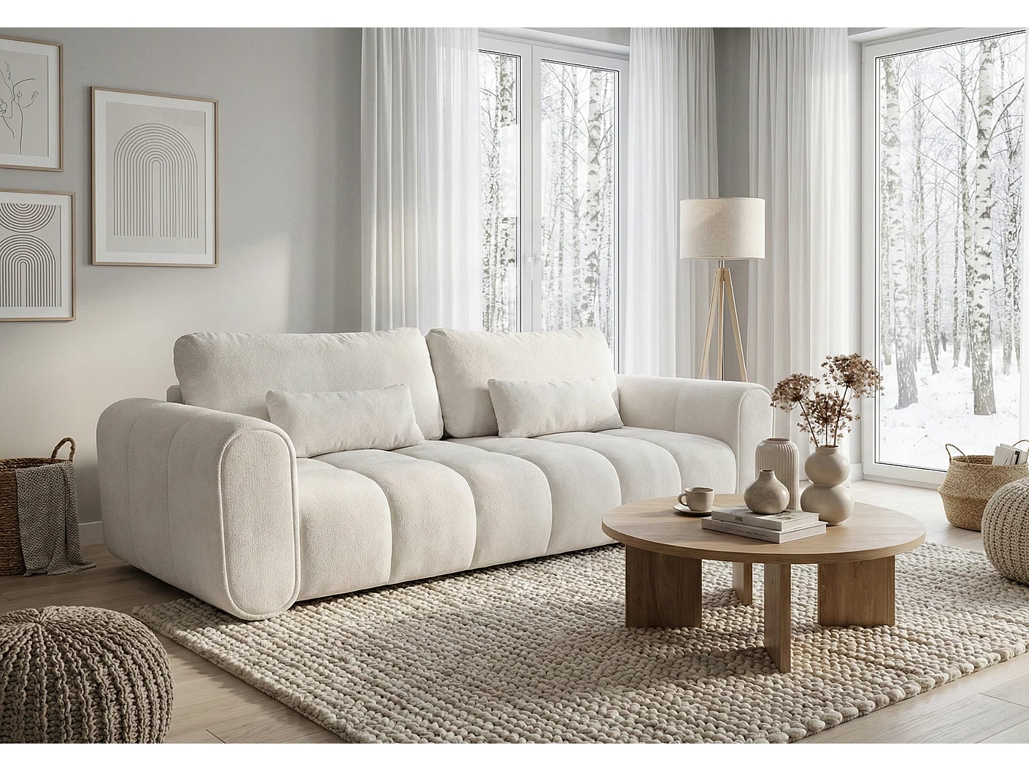 Canapé droit 3 places SAVONA convertible en tissu bouclé – blanc
