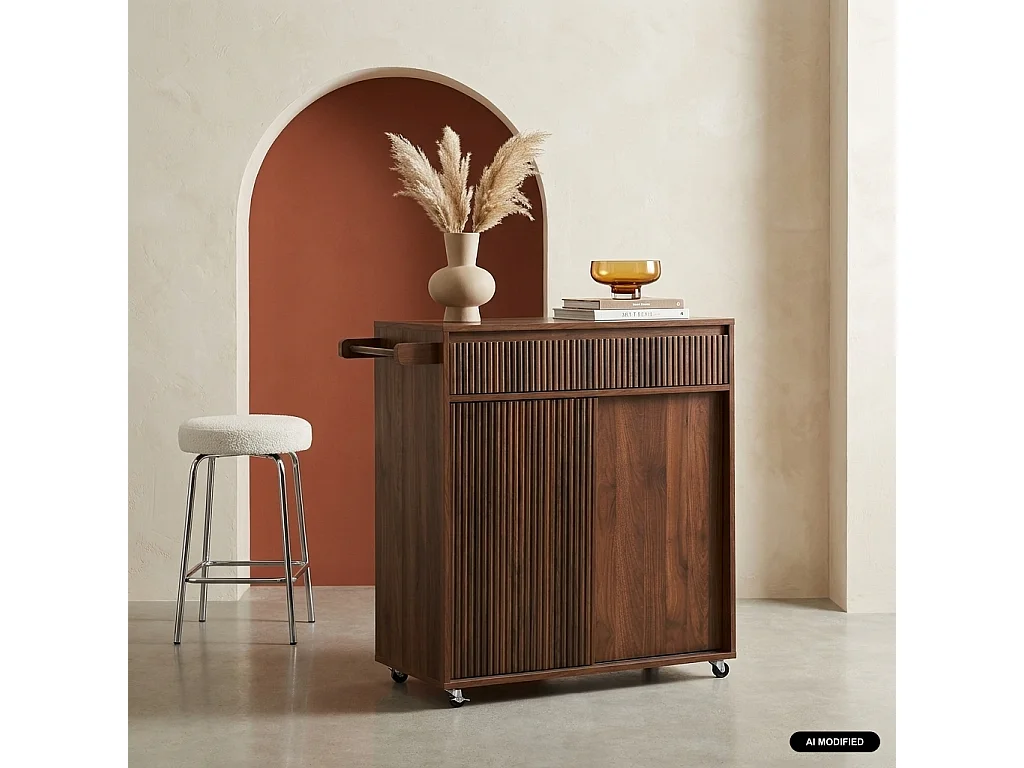 Desserte de cuisine décor bois 1 poignée 1 tiroir 2 portes noyer - Linear
