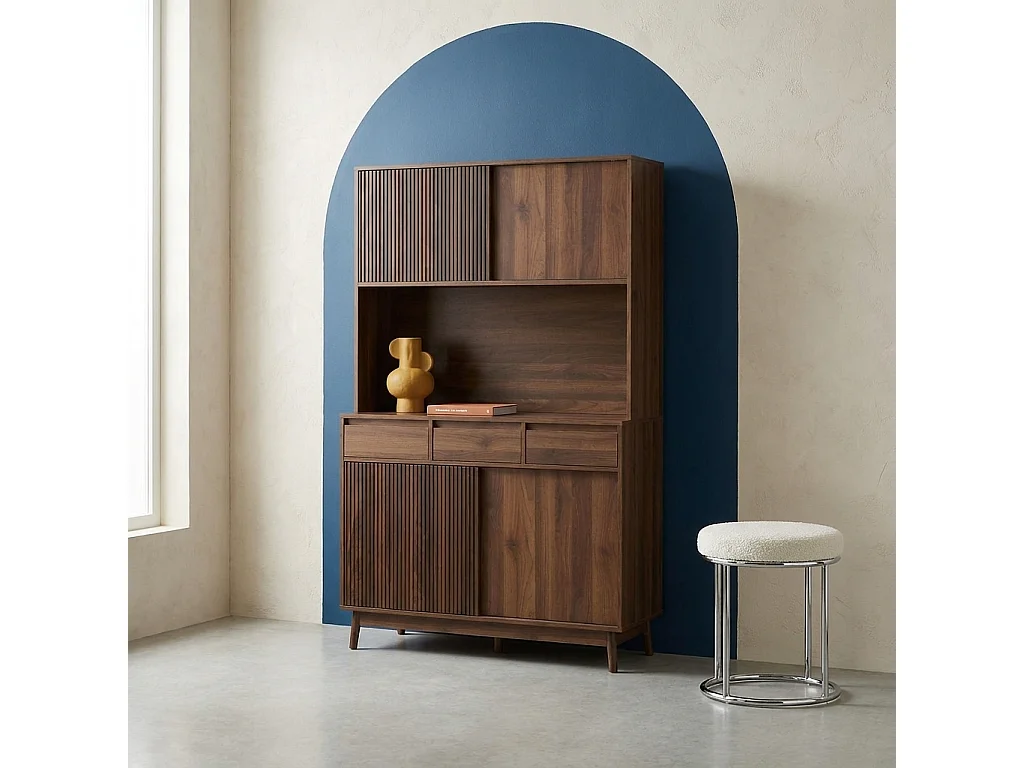 Aparador decorado en madera 4 puertas 3 cajones, 110cm nogal