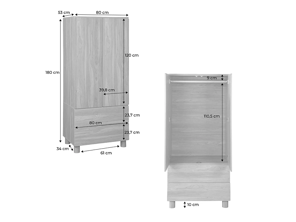 Armario vestidor efecto madera con 2 puertas, 2 cajones y 1 barra para