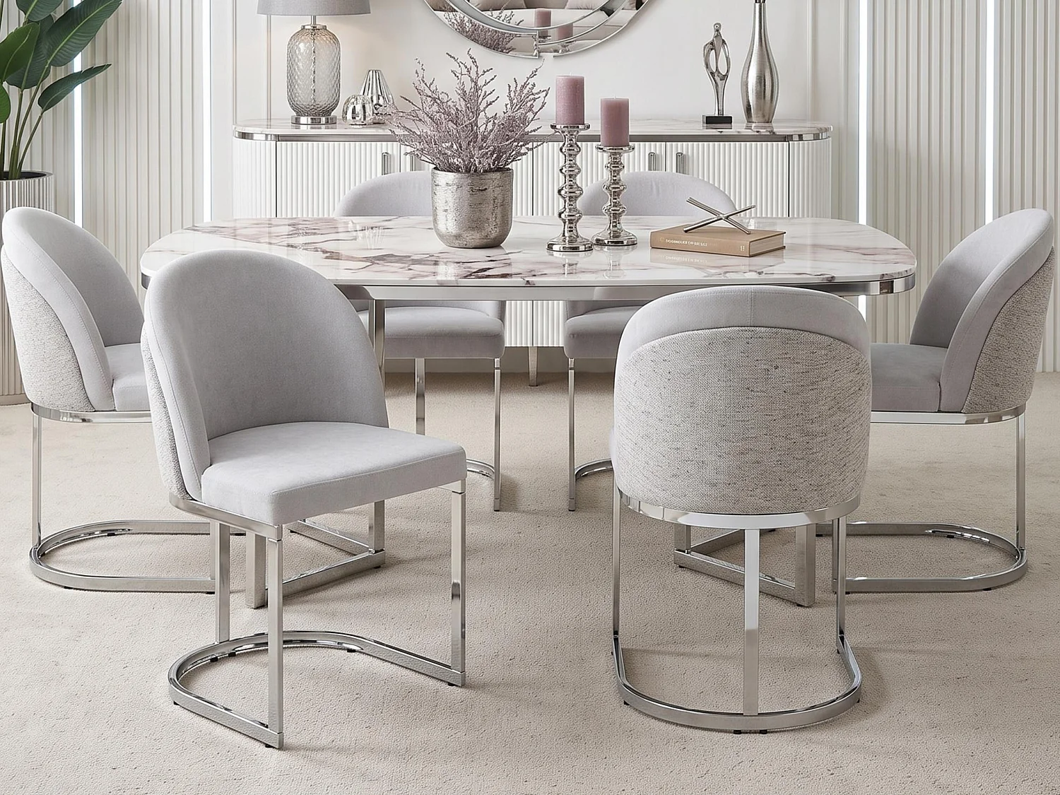 Lot of 6 dining chairs - Modern style - Silver galvanized feet - Chenille fabric - Light gray and silver