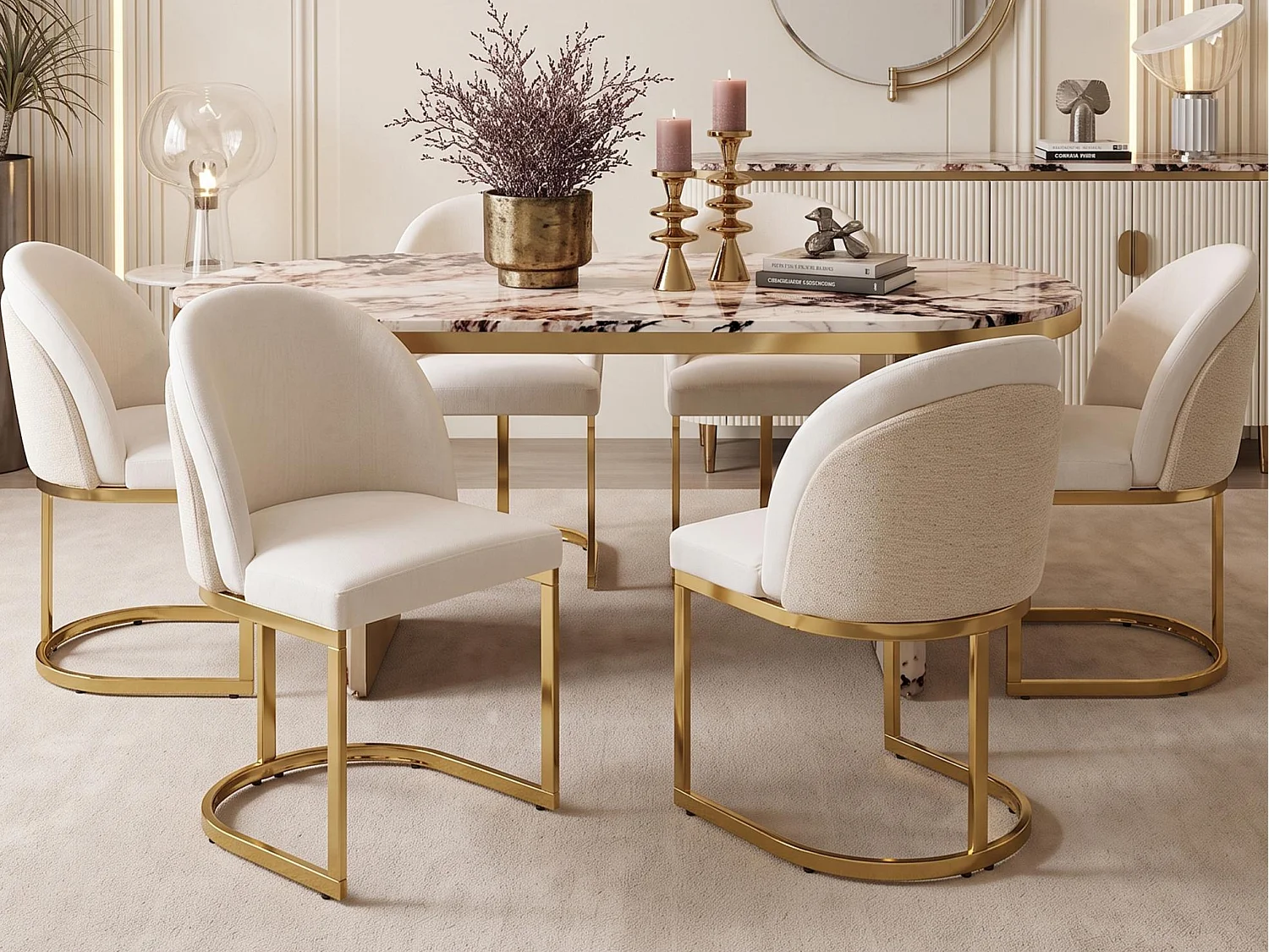 Set of 6 dining chairs - Modern style - Gold-plated feet - Chenille fabric - Beige and gold
