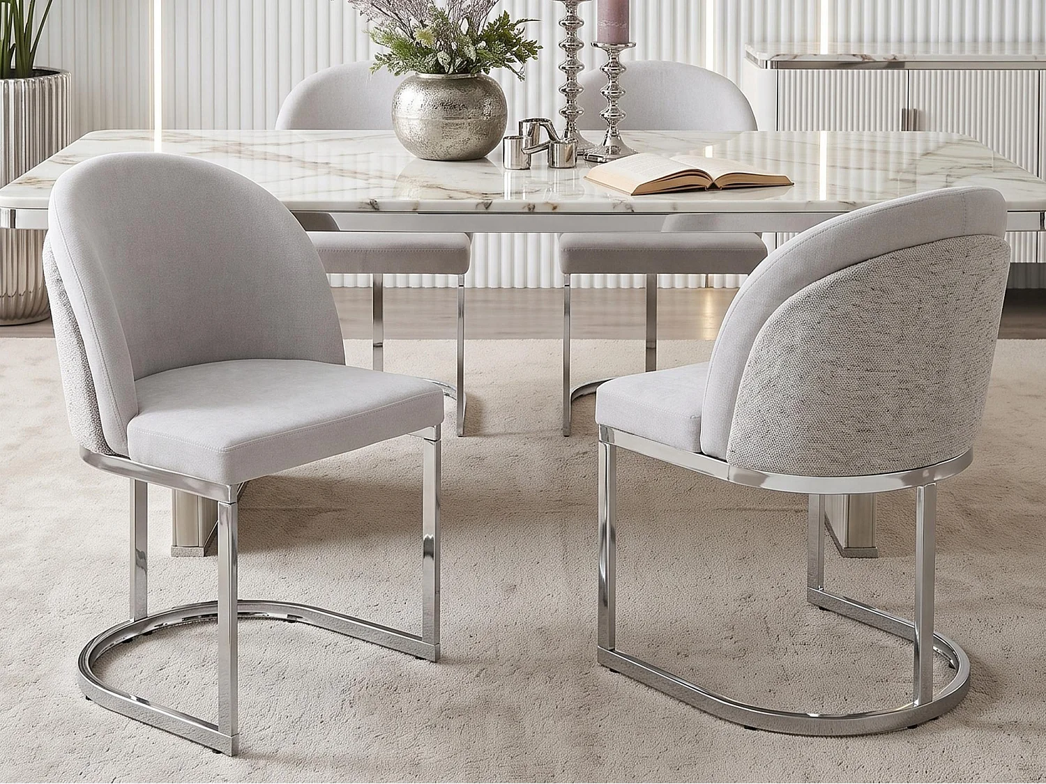 Set of 4 dining chairs - Modern style - Silver galvanized legs - Chenille fabric - Light gray and silver