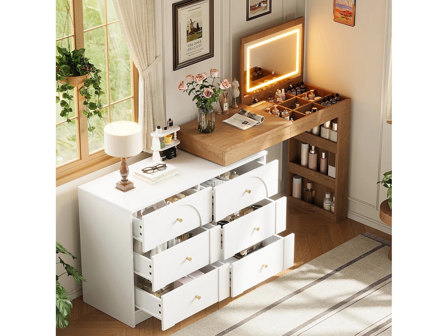 Swivel dressing table with mirror 105x40x80cm - with LED - with 7 drawers and storage compartments - White+Natural