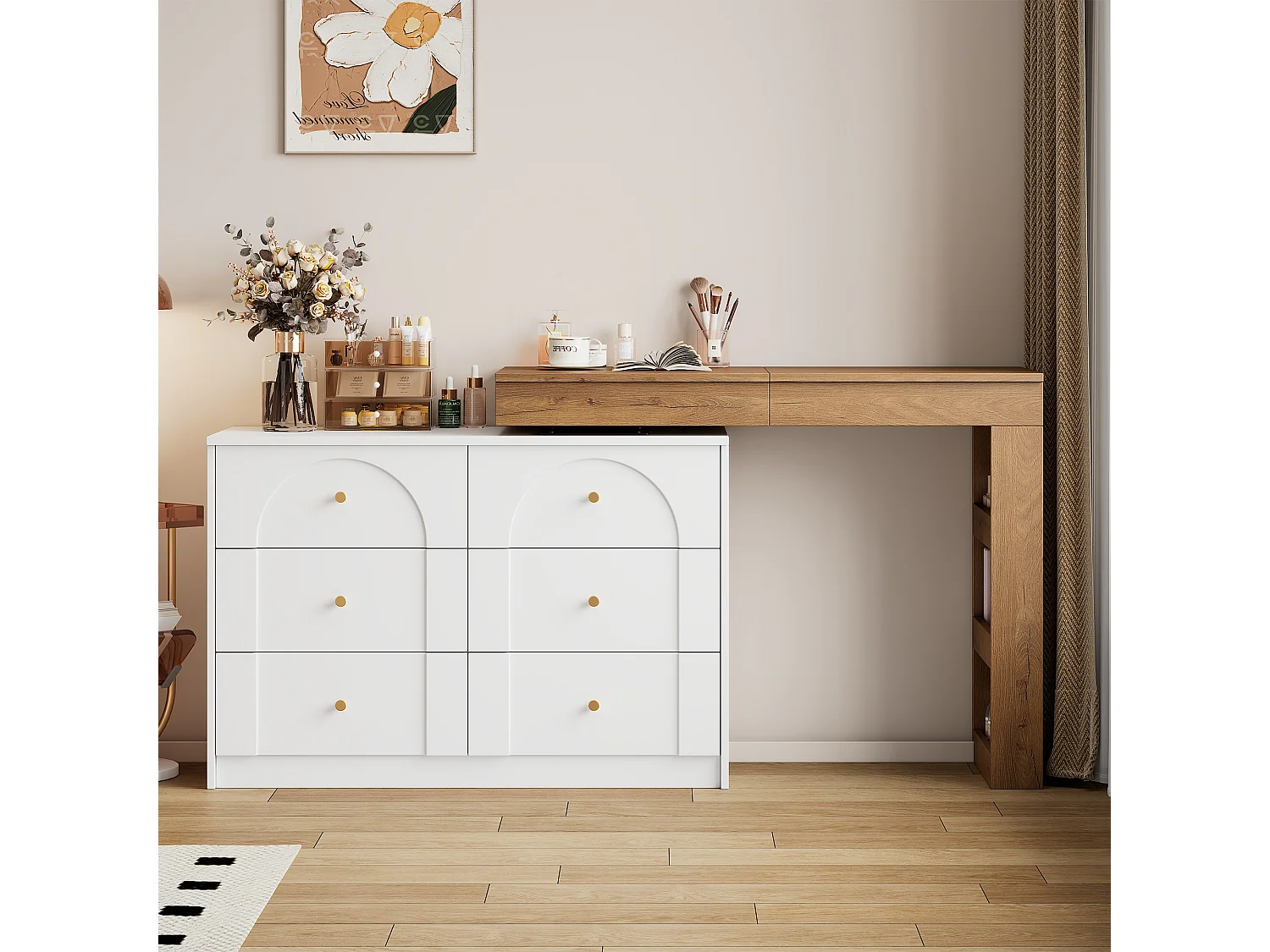 Swivel dressing table with mirror 105x40x80cm - with LED - with 7 drawers and storage compartments - White+Natural