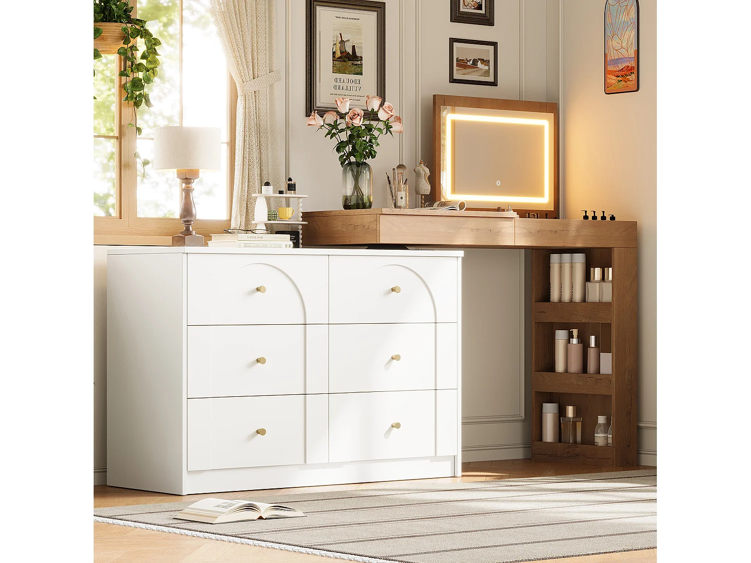 Swivel dressing table with mirror 105x40x80cm - with LED - with 7 drawers and storage compartments - White+Natural