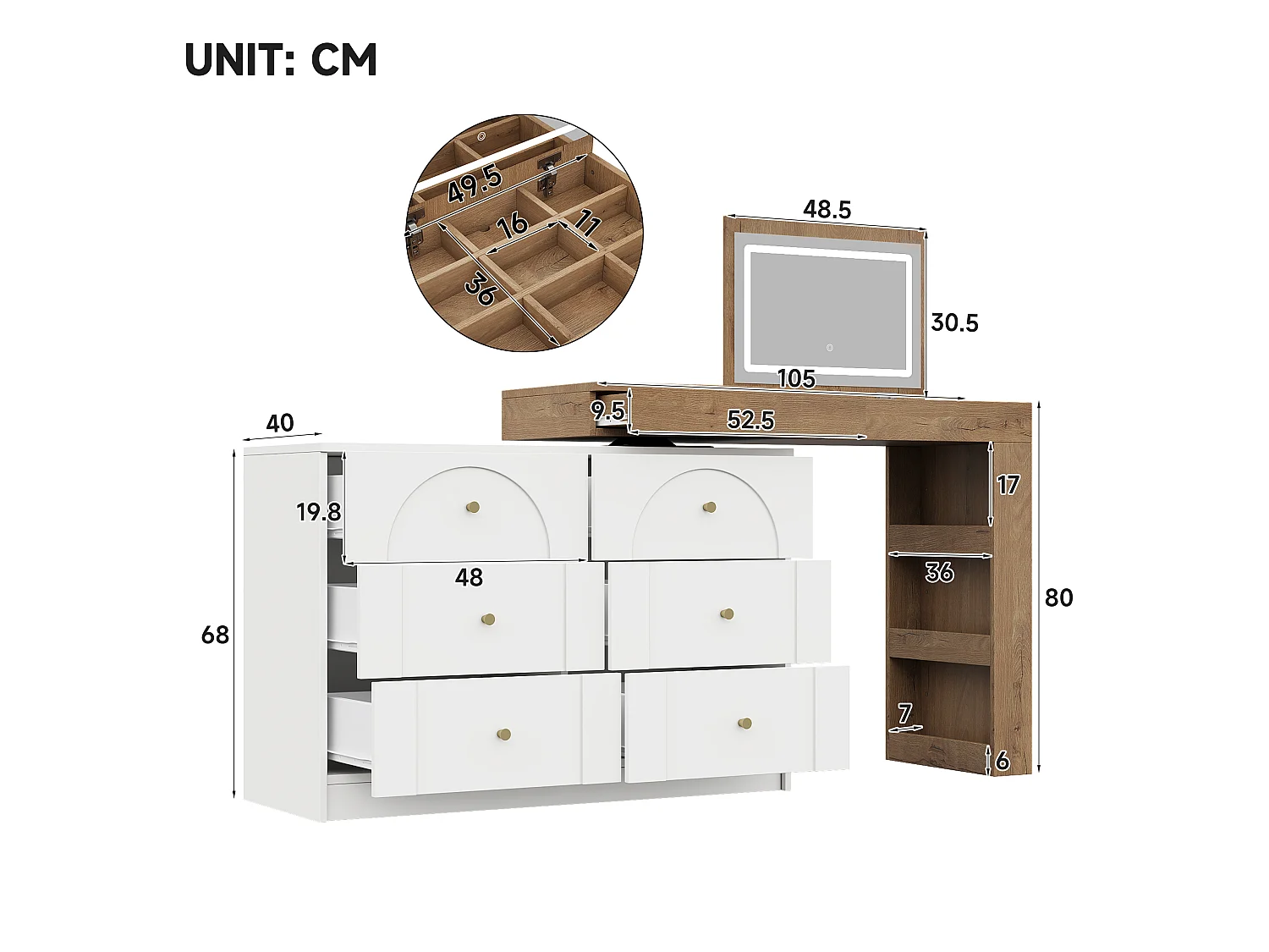 Swivel dressing table with mirror 105x40x80cm - with LED - with 7 drawers and storage compartments - White+Natural