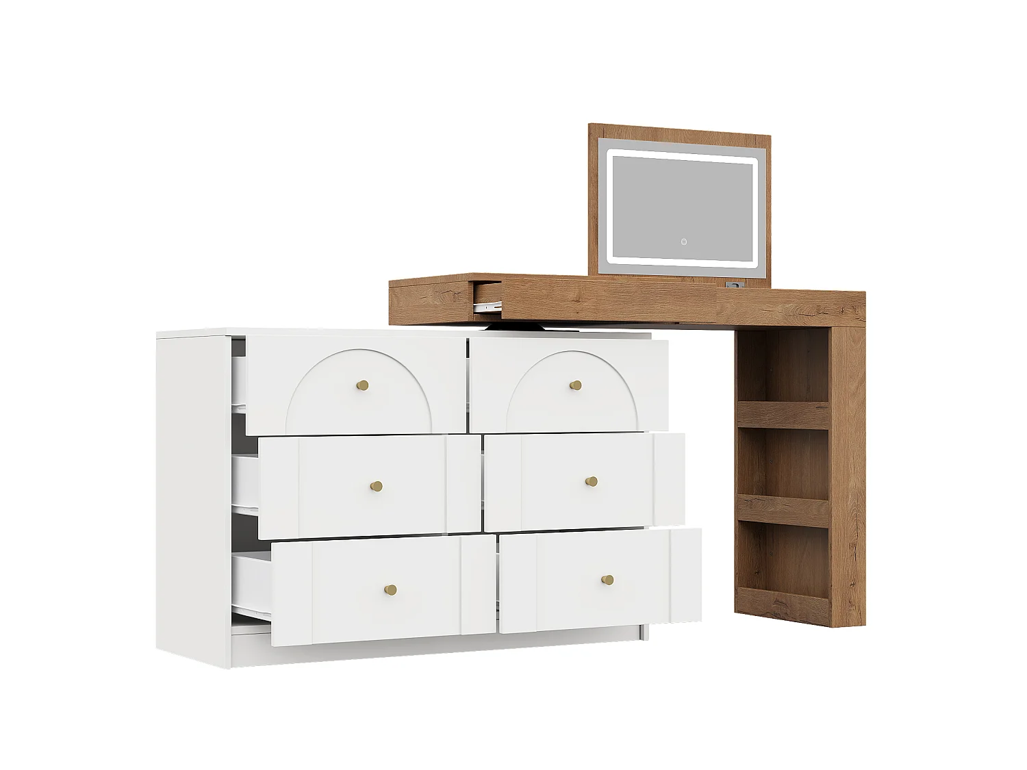 Swivel dressing table with mirror 105x40x80cm - with LED - with 7 drawers and storage compartments - White+Natural