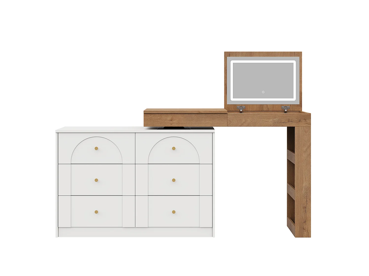 Swivel dressing table with mirror 105x40x80cm - with LED - with 7 drawers and storage compartments - White+Natural