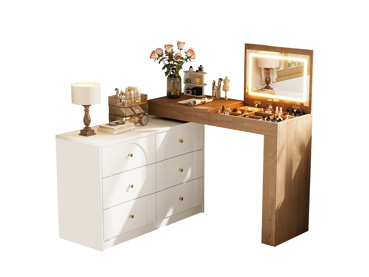 Swivel dressing table with mirror 105x40x80cm - with LED - with 7 drawers and storage compartments - White+Natural