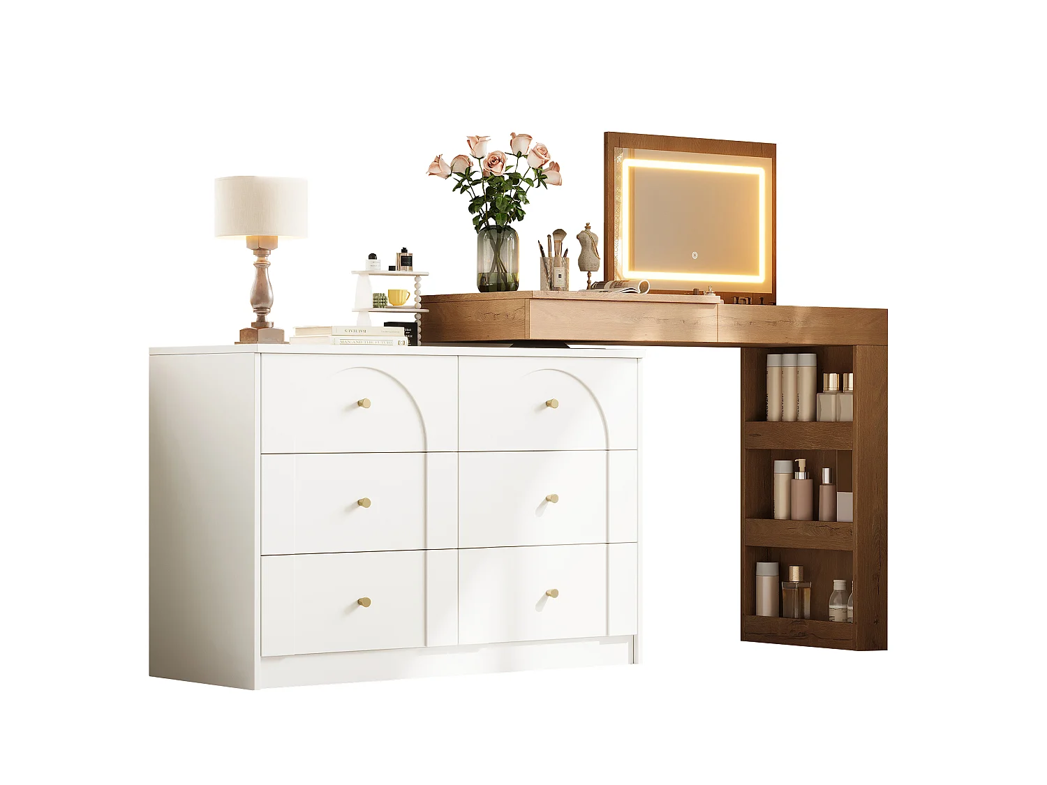 Swivel dressing table with mirror 105x40x80cm - with LED - with 7 drawers and storage compartments - White+Natural