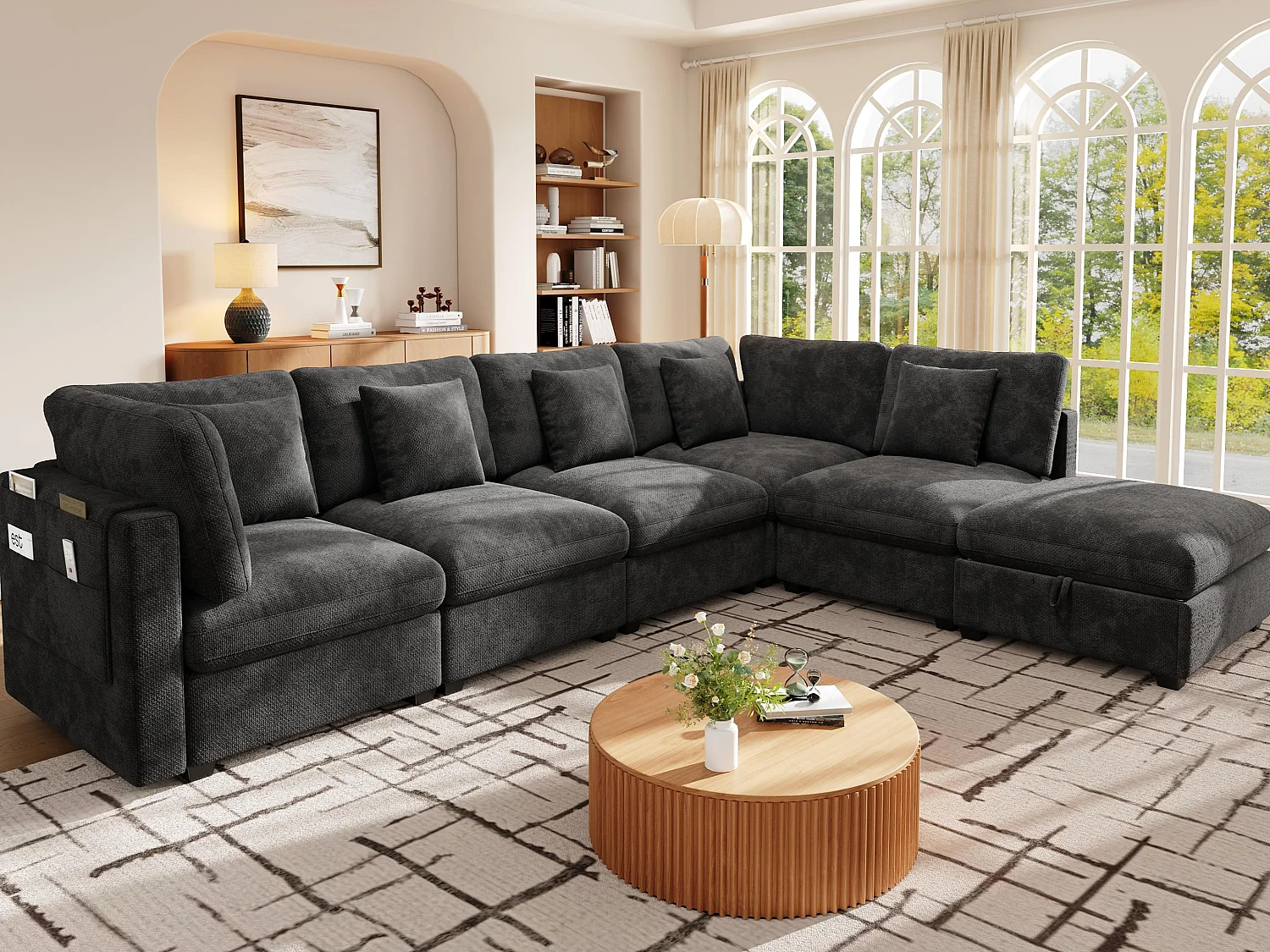 L-shaped corner sofa - 6 seats - with mobile footrest - with sleep function - with 5 cushions - chenille fabric - grey