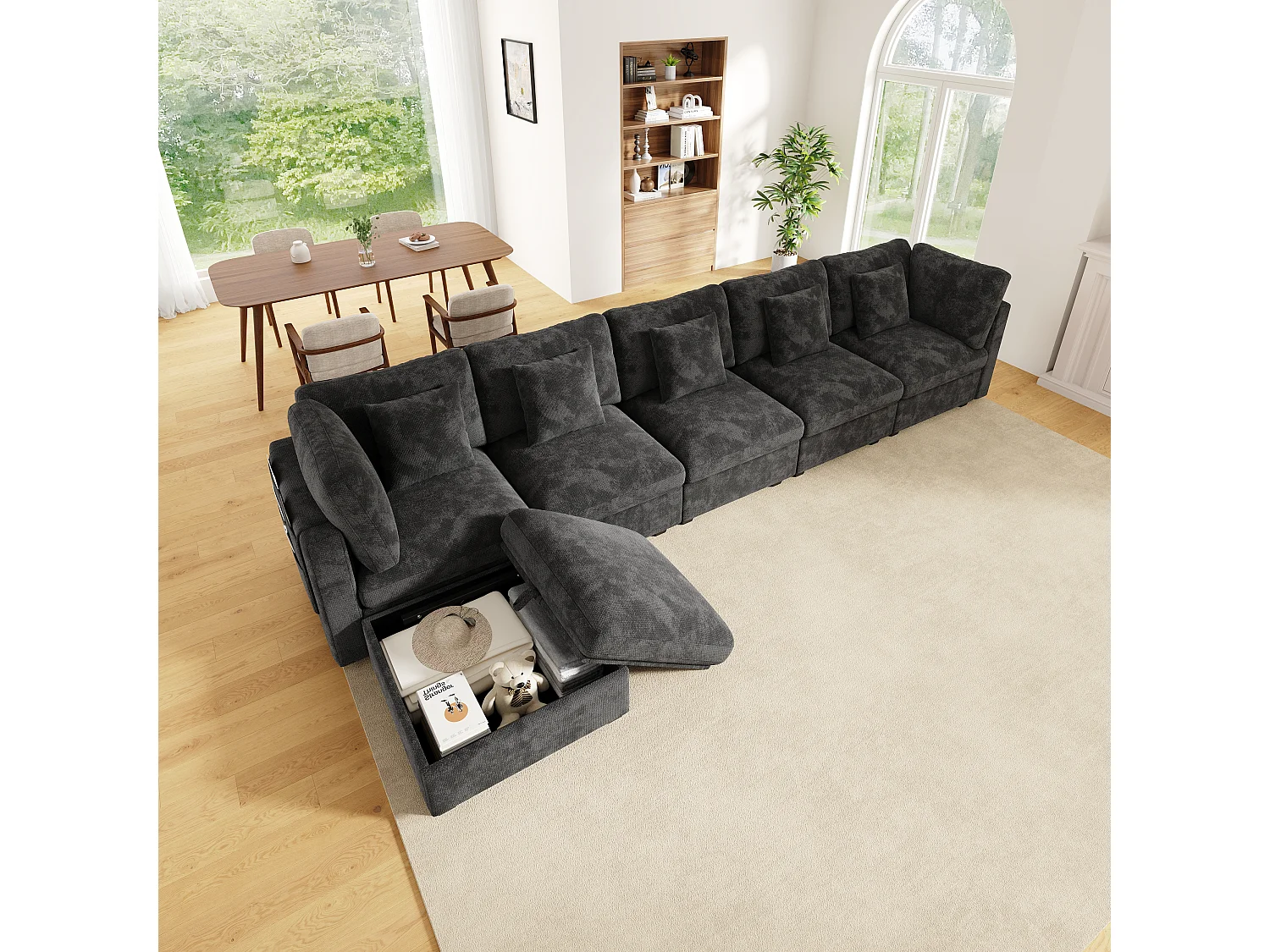 L-shaped corner sofa - 6 seats - with mobile footrest - with sleep function - with 5 cushions - chenille fabric - grey
