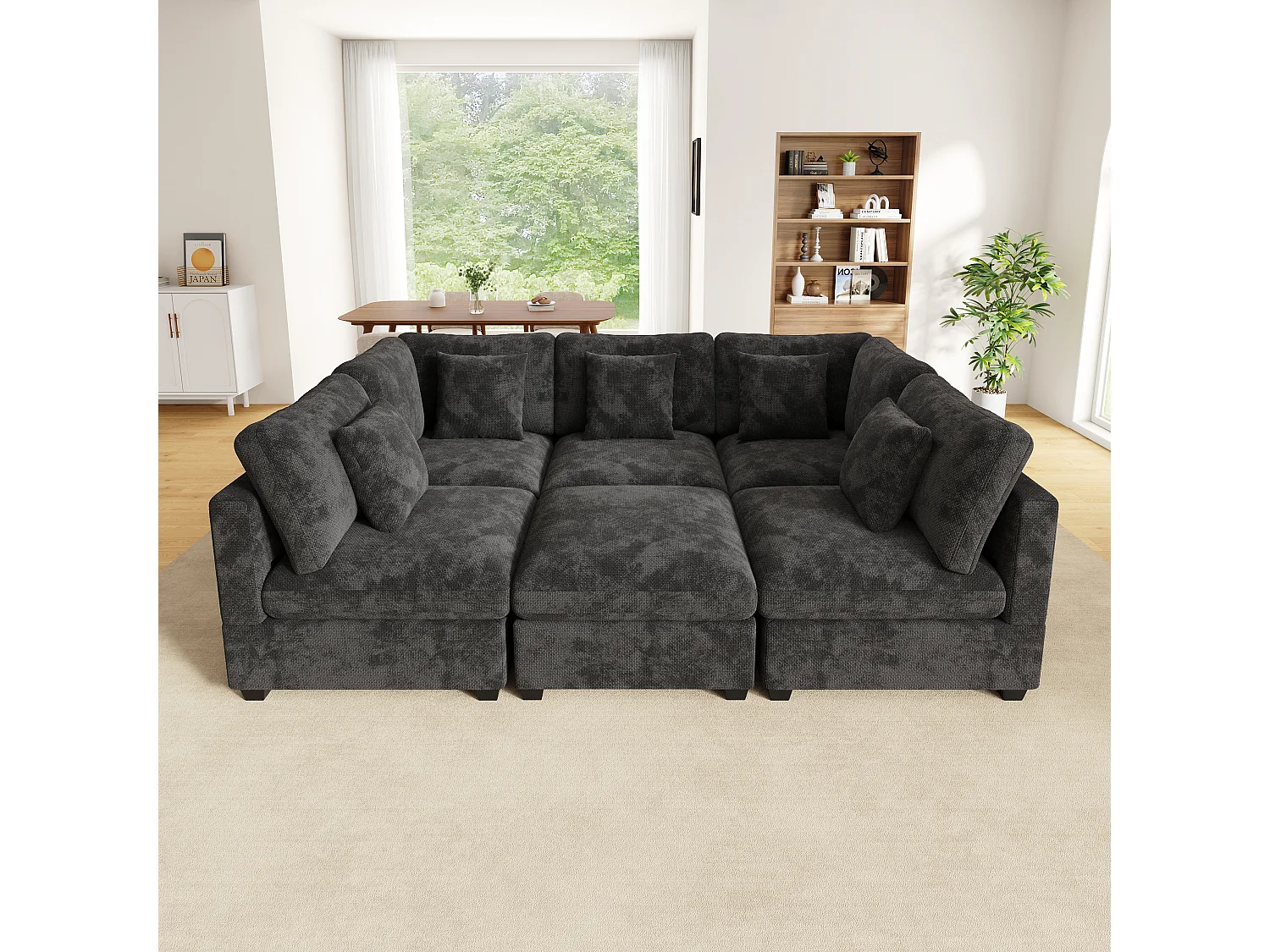 L-shaped corner sofa - 6 seats - with mobile footrest - with sleep function - with 5 cushions - chenille fabric - grey