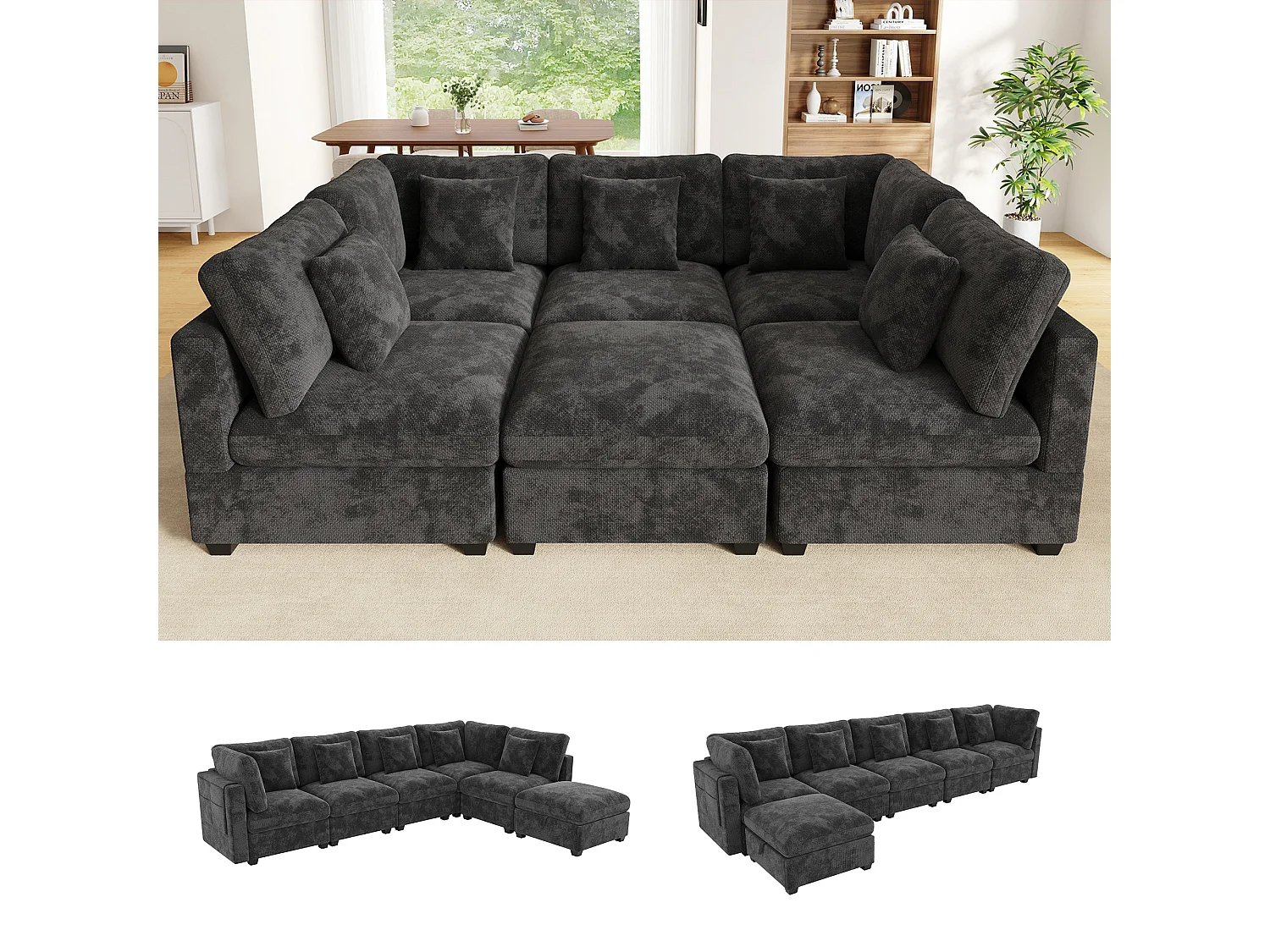 L-shaped corner sofa - 6 seats - with mobile footrest - with sleep function - with 5 cushions - chenille fabric - grey