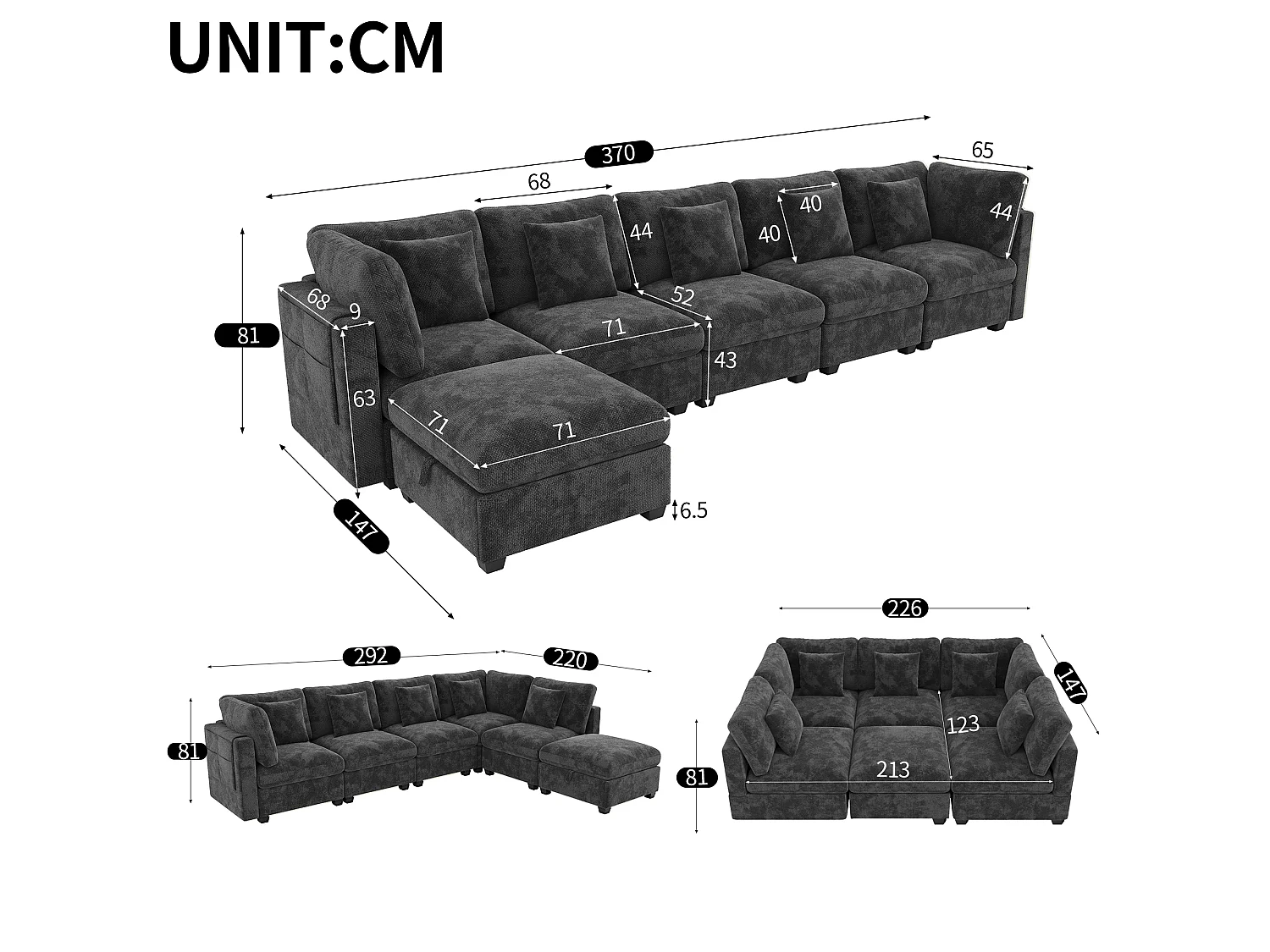 L-shaped corner sofa - 6 seats - with mobile footrest - with sleep function - with 5 cushions - chenille fabric - grey