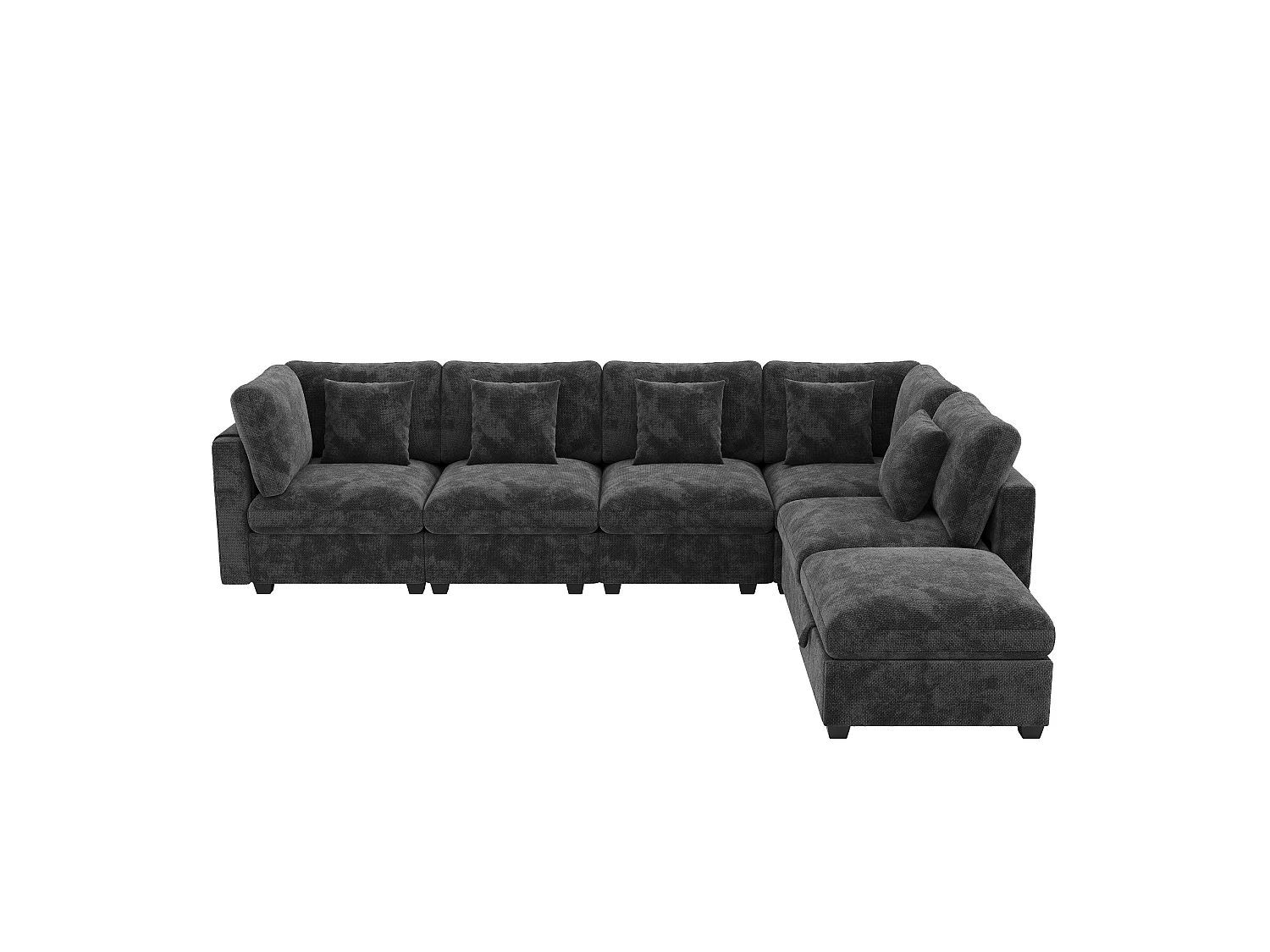 L-shaped corner sofa - 6 seats - with mobile footrest - with sleep function - with 5 cushions - chenille fabric - grey