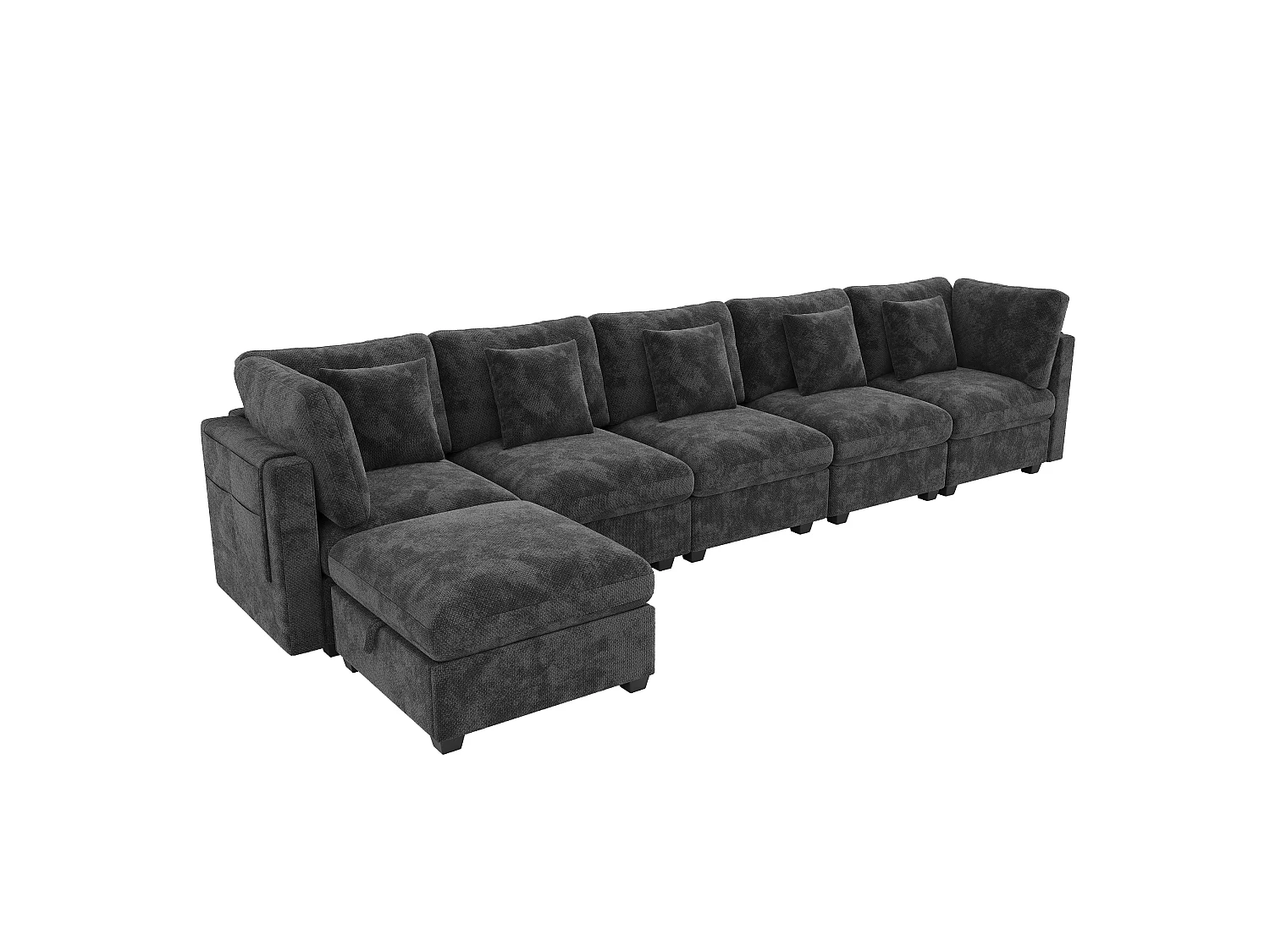L-shaped corner sofa - 6 seats - with mobile footrest - with sleep function - with 5 cushions - chenille fabric - grey